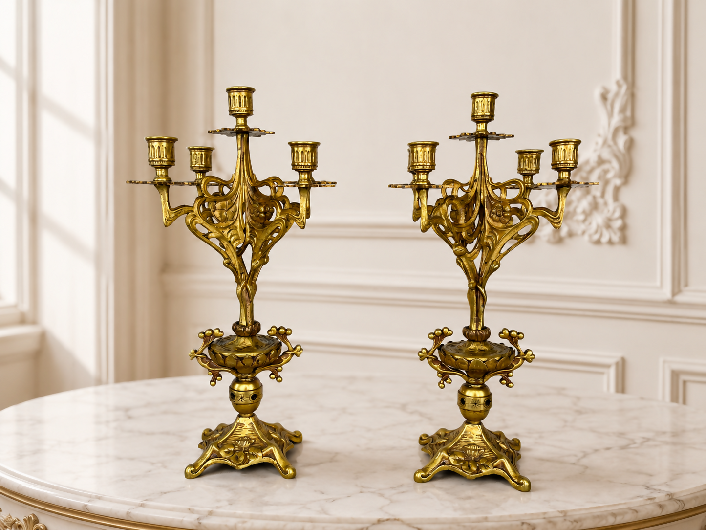 Pair of Candelabras Vintage French Style Ornate 5 Arm Candle Holders LOT 6475