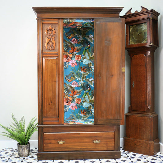 Edwardian Red Walnut Carved Wardrobe With Mirror and Drawer