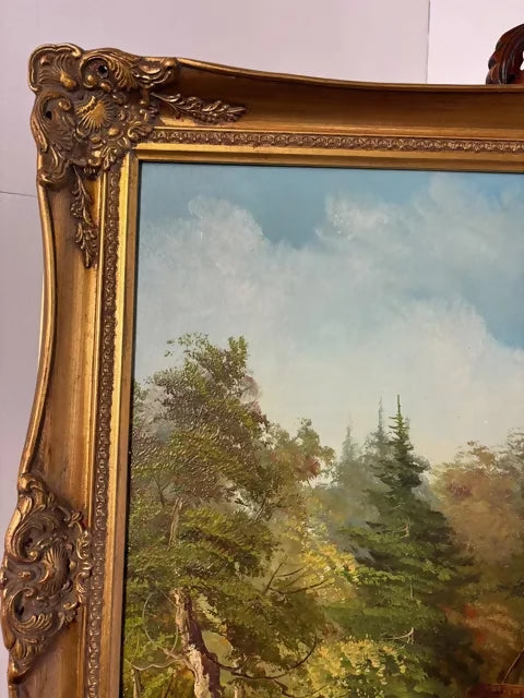 Large Signed Oil on Canvas – Woodland Cottage Landscape in Ornate Gilt Frame