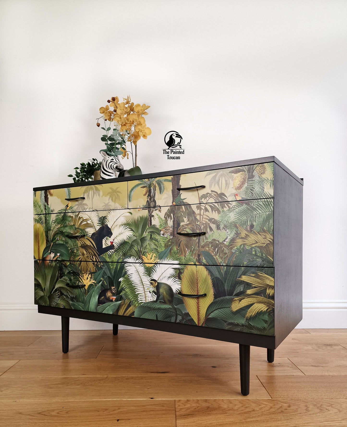 Black Mid-Century Modern MCM Stag Chest of Drawers with Jungle Decoupage