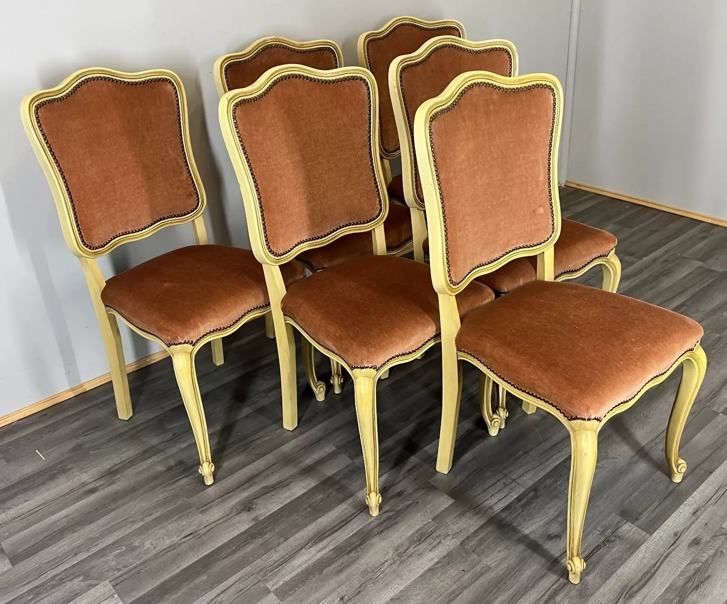 Vintage French Louis XVI Dining Table Set | Shabby Chic Oak Furniture | Includes 6 Upholstered Chairs Carved Detail LOT 4404
