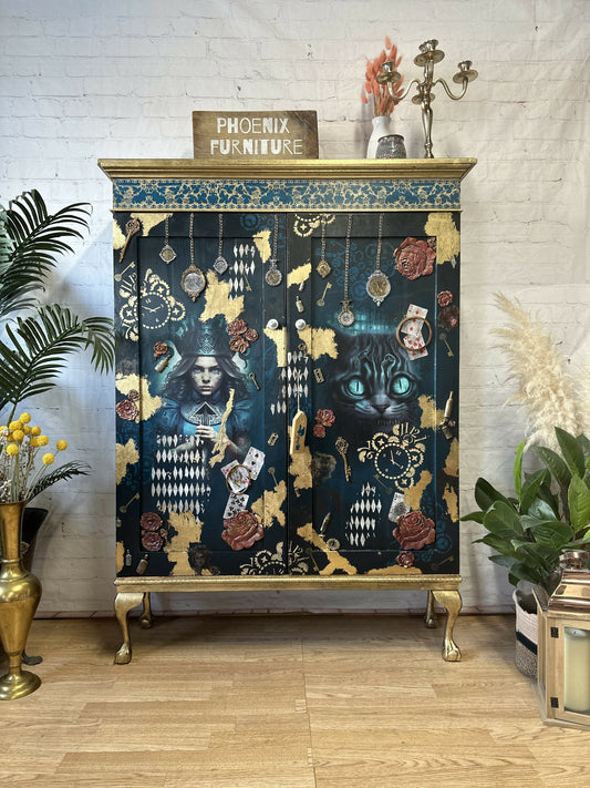 Alice in Steampunk Wonderland Upcyled Cabinet, Drinks Bar, Cocktail Cabinet, Statement, Maximalist MADE TO ORDER