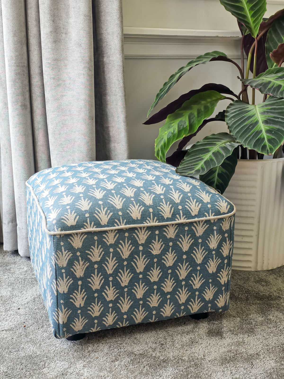 Footstool Pouffe Ottoman square on 4 feet Reupholstered in a High End Belgium Linen