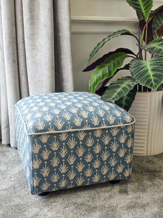 Footstool Pouffe Ottoman square on 4 feet Reupholstered in a High End Belgium Linen