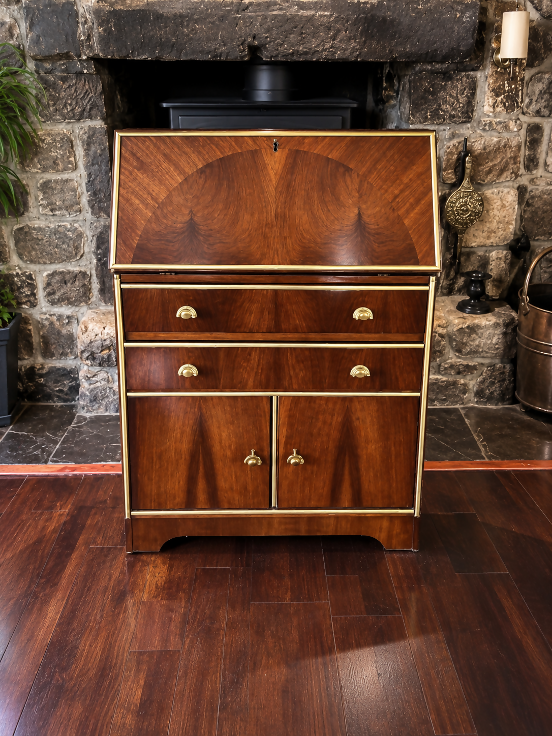 Art Deco Style Walnut Bureau/Writing Desk with Teal & Gold Interior