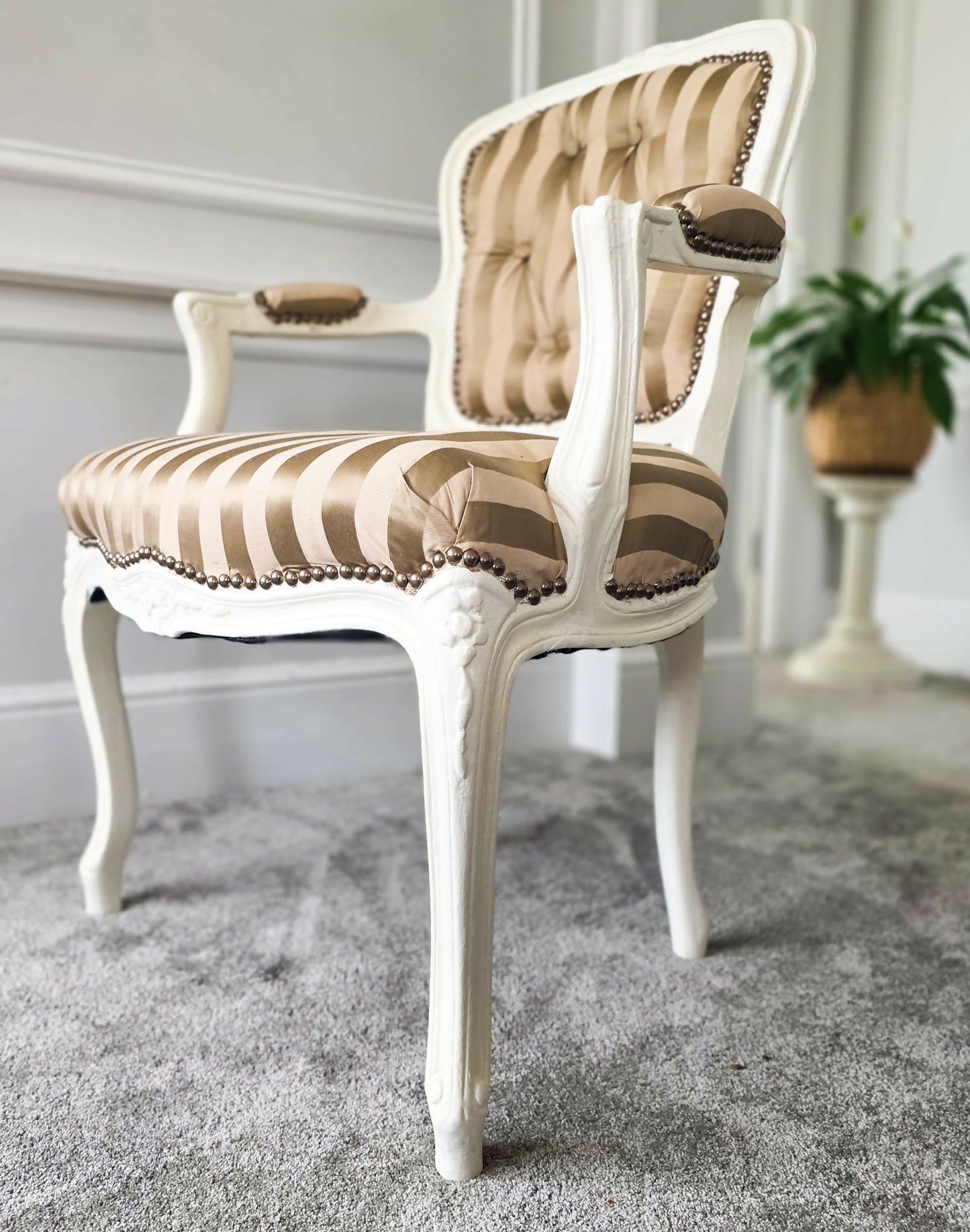 Louis XVl Newly Upholstered Accent Chair Silk Stripe Fabric, White Painted Frame