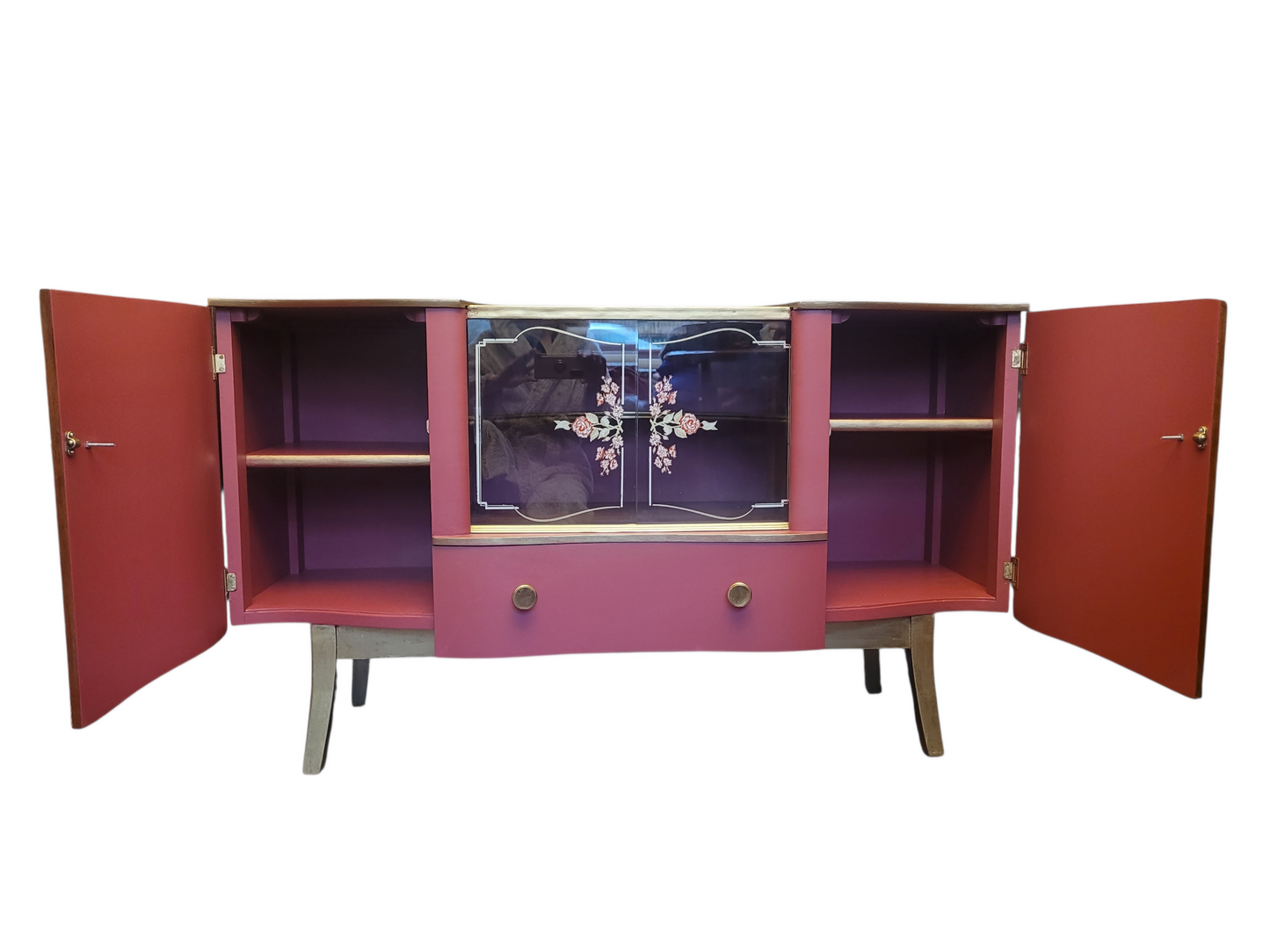 Mid Century Walnut Cocktail Cabinet/ Sideboard. Glass fronted floral vintage sideboard