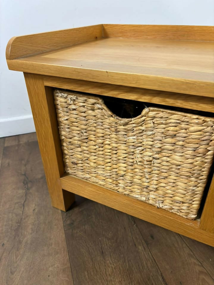 Modern Oak Storage Bench With Two Wicker Drawers