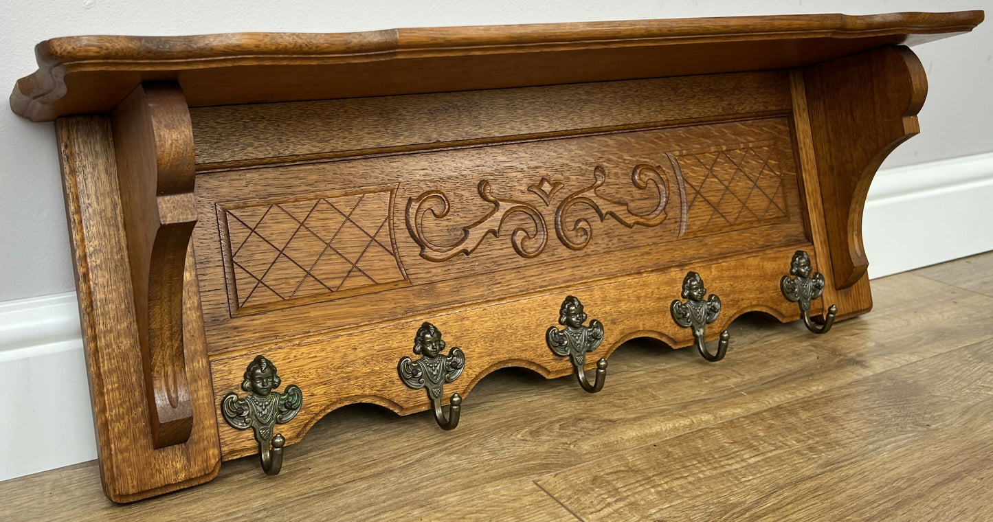 Coat Rack Vintage French Carved Oak Wall Mounted 5 Hooks Rack Hanger LOT 6210
