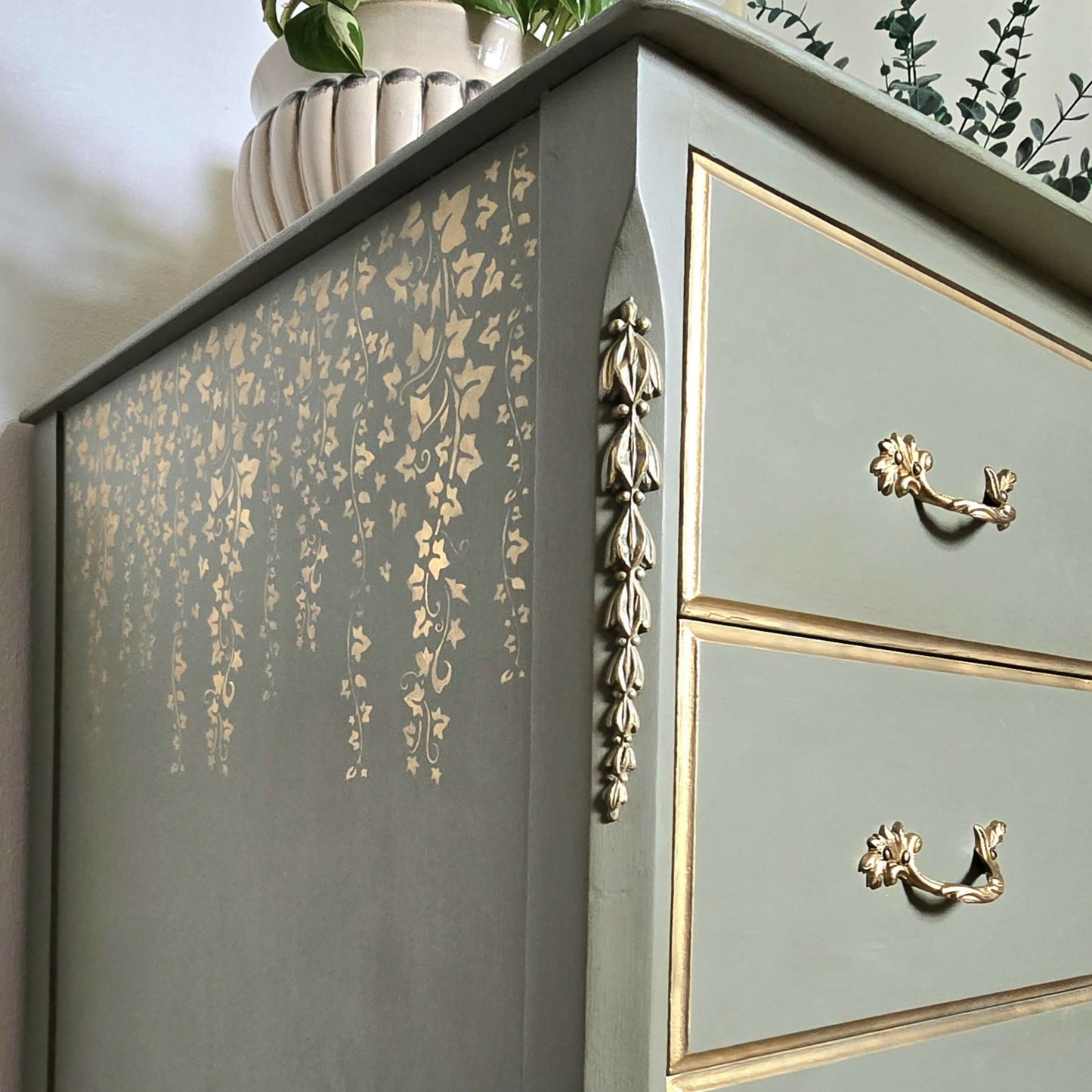 Vintage Louis Style Olympus Chest of Drawers | Upcycled in Sage Green & Gold