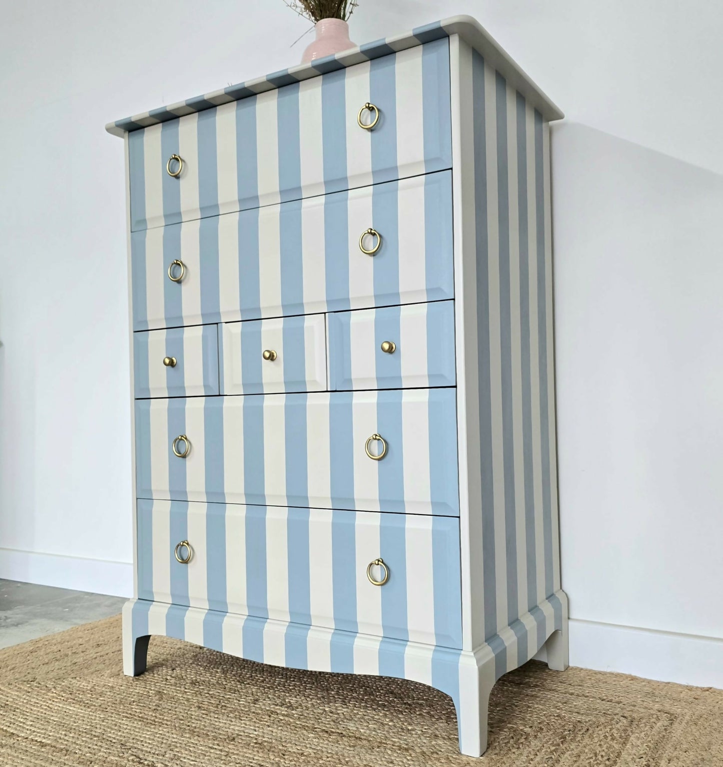 Vintage Hand-painted Stag Minstrel Tallboy, Chest of Drawer Blue & Cream Striped