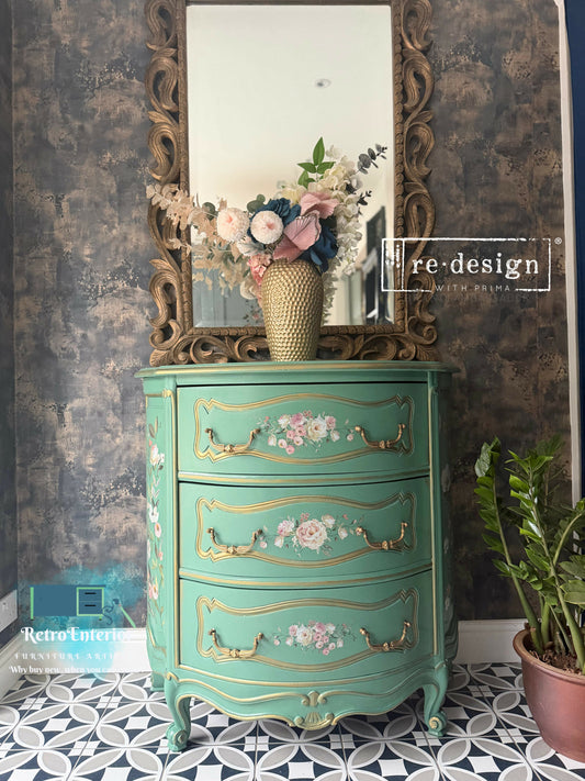 Vintage French Style Green Chest of Drawers | Floral Upcycled Dresser