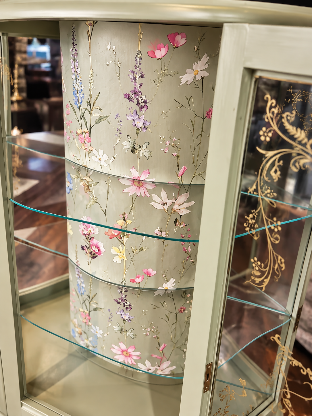 Vintage Curved Display Cabinet | Sage Green & Gold | Floral Botanical Interior | Lockable Glass Drinks Cabinet