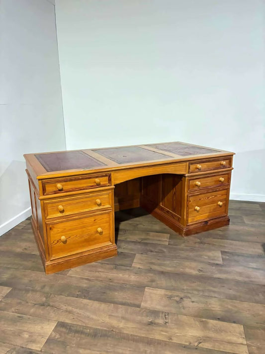 Large Leather Topped Pine Pedestal Desk