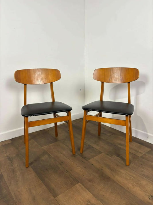 Pair of Mid Century Teak Chairs with Black Upholstery