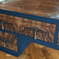 Vintage art deco navy blue walnut burr wood desk/ dressing table