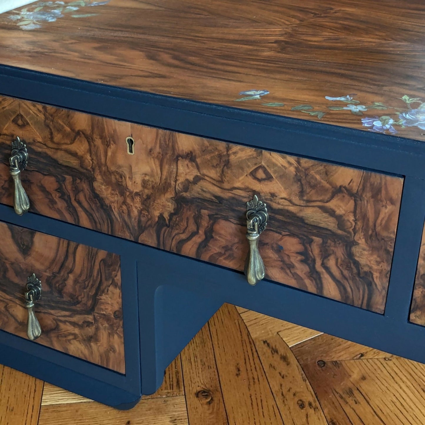 Vintage art deco navy blue walnut burr wood desk/ dressing table
