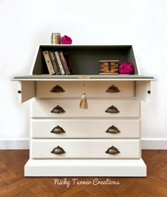 Vintage Pine Bureau Desk Hand Painted in a Soft white with Olive Green and Gold Interior