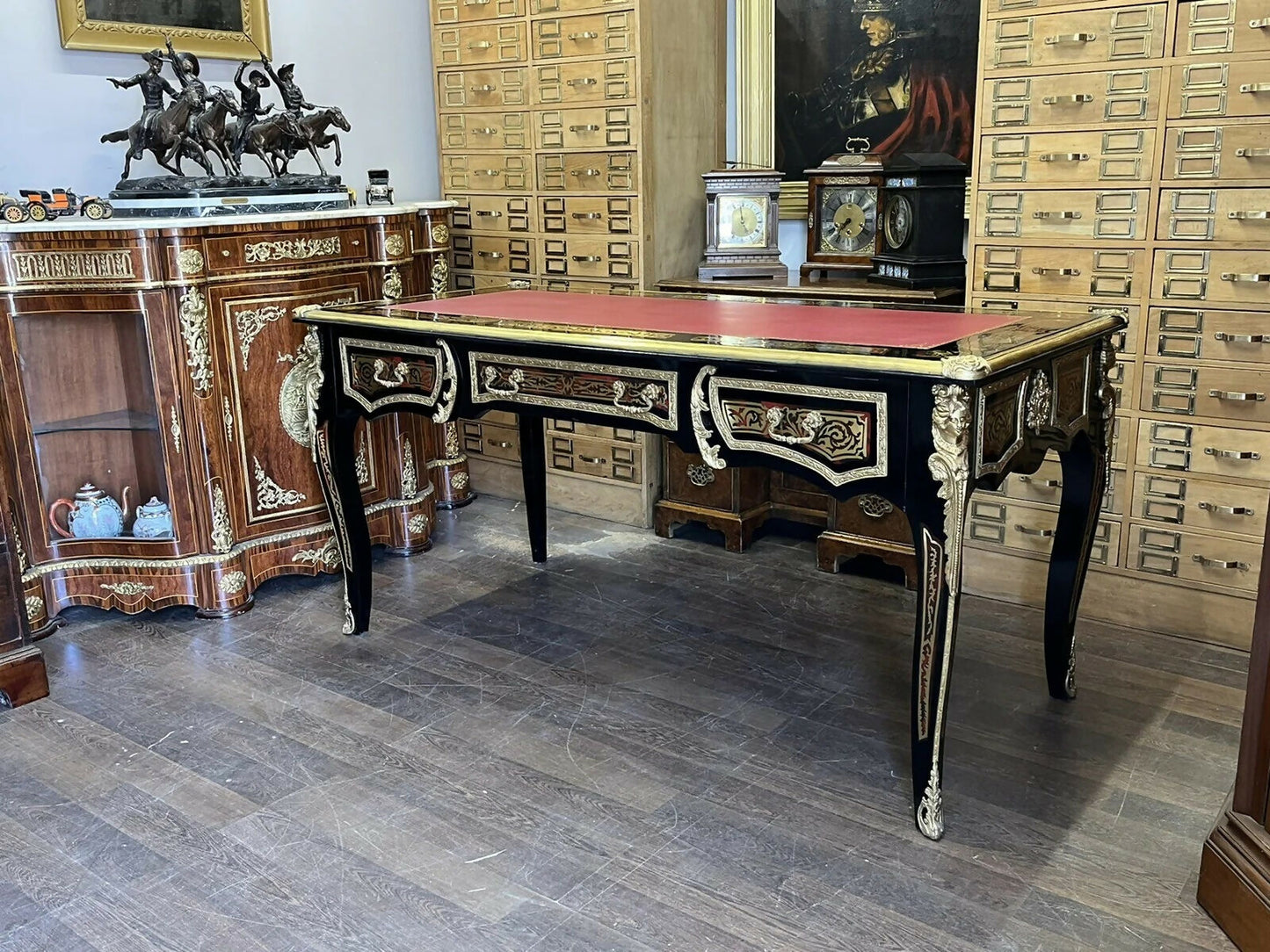 Large & Impressive French Empire Style Boulle Desk With Brass Decoration.