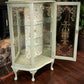 Vintage Curved Display Cabinet | Sage Green & Gold | Floral Botanical Interior | Lockable Glass Drinks Cabinet