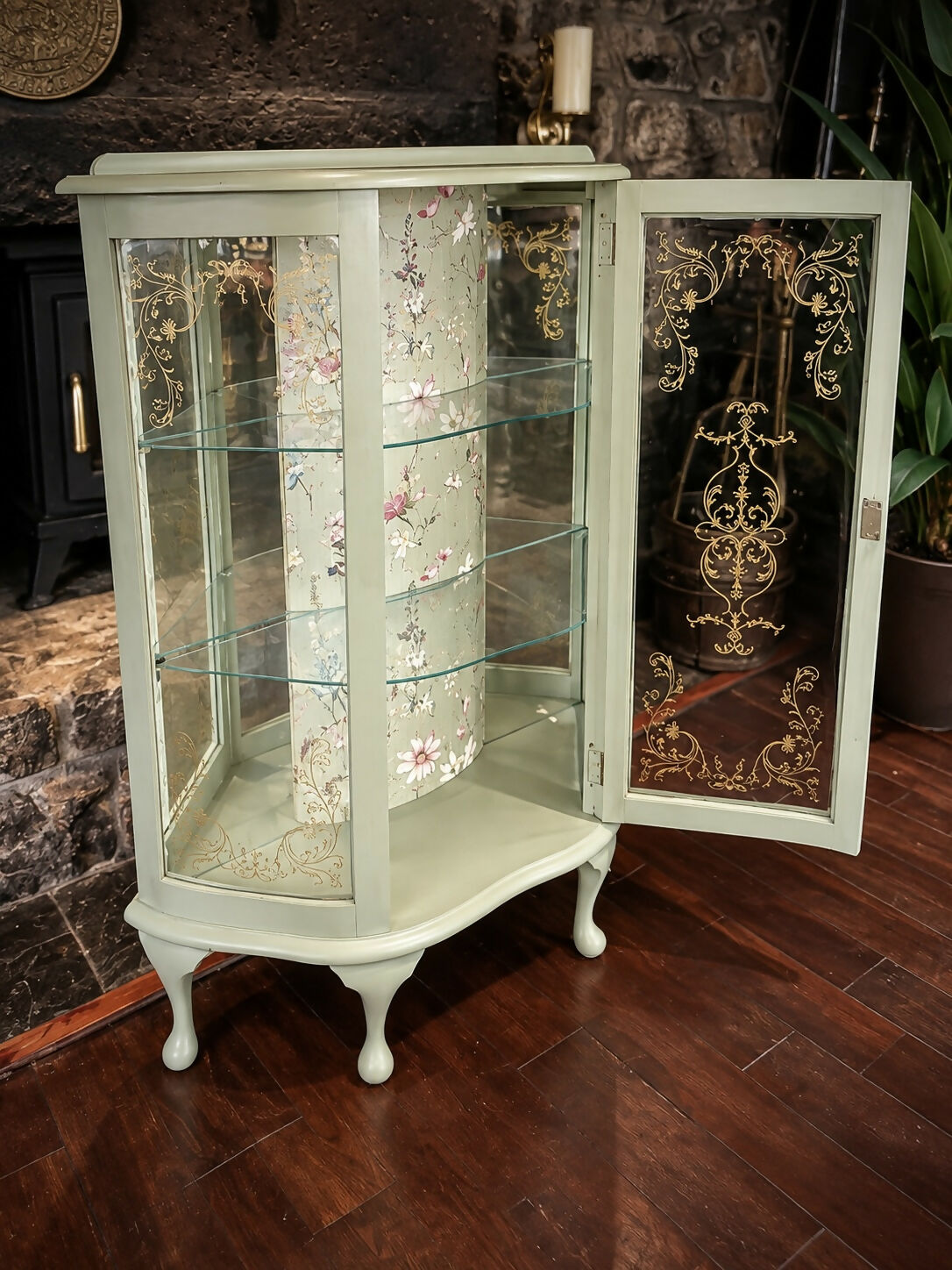Vintage Curved Display Cabinet | Sage Green & Gold | Floral Botanical Interior | Lockable Glass Drinks Cabinet