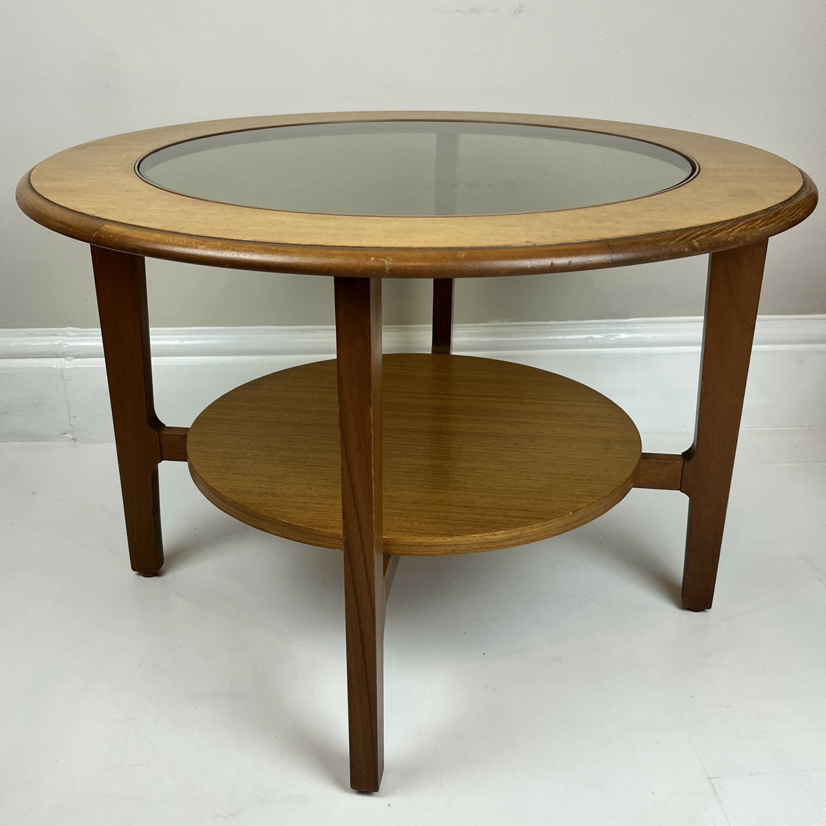 Vintage Remploy Teak Coffee Table Glass Top Round Mid Century Side Table 58.5cm