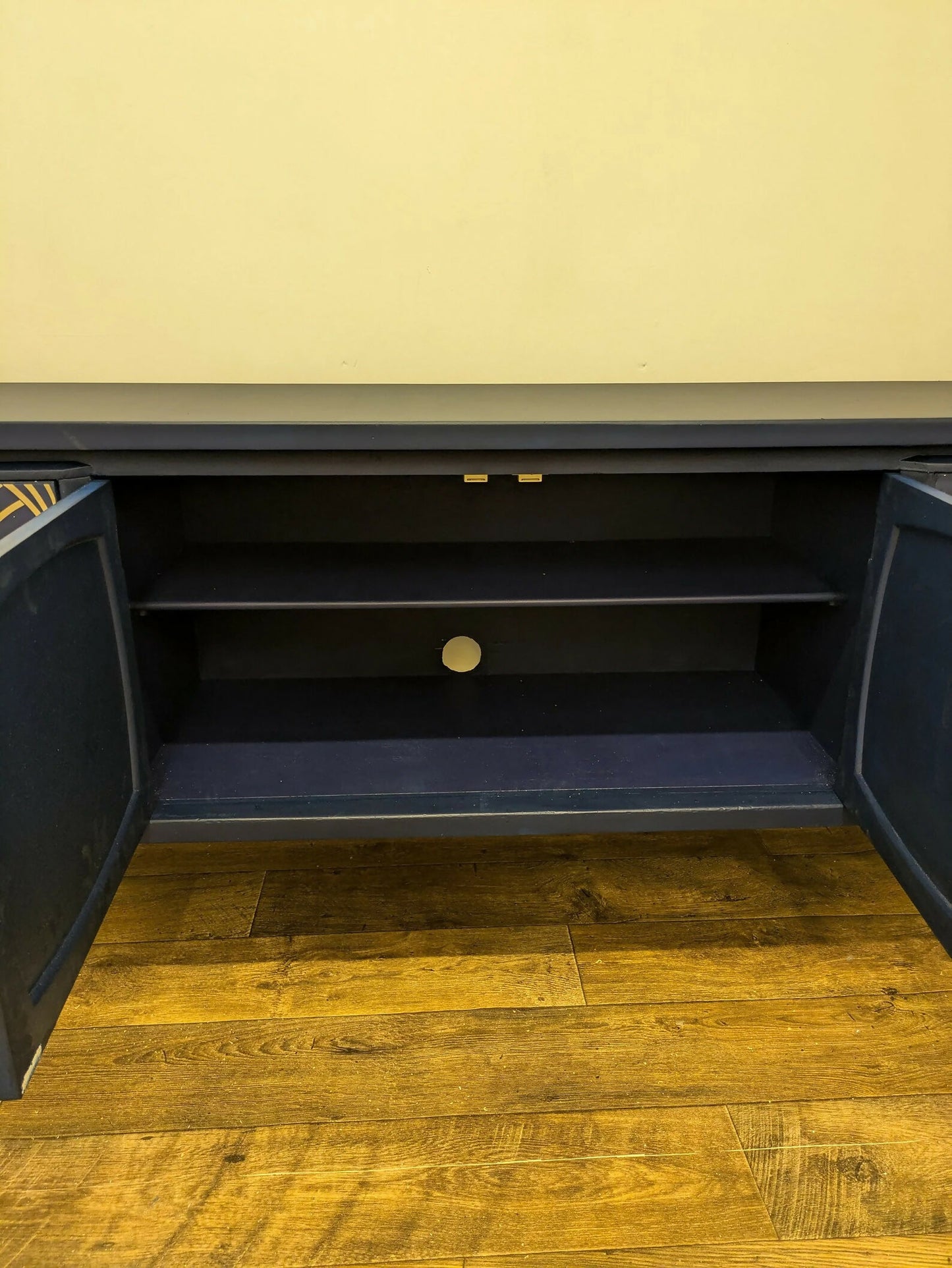 Vintage Midcentury Teak Sideboard: Navy & Gold Art Deco Cabinet