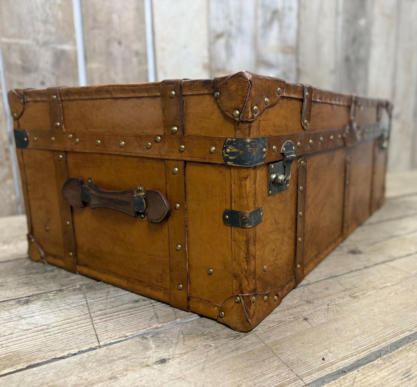 luxury tan leather coffee table trunk.