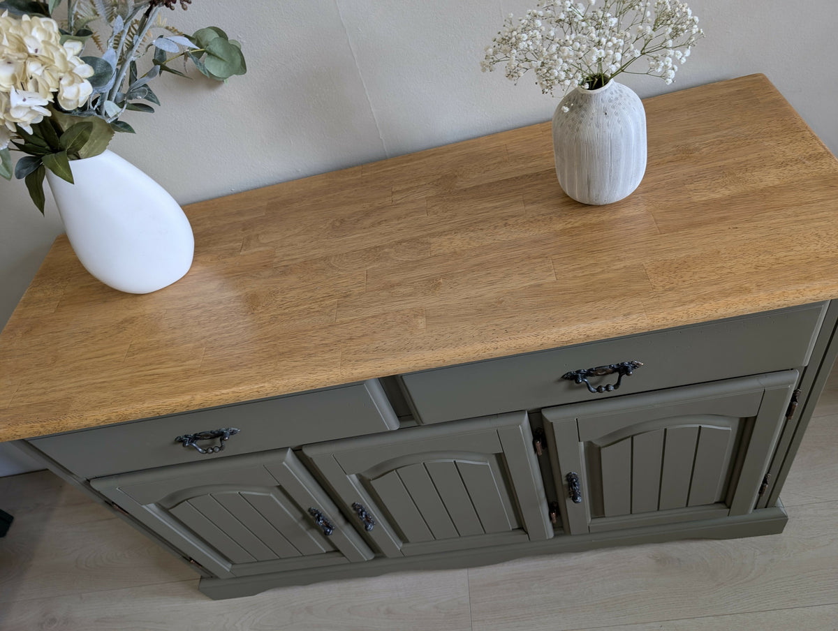 Vintage Oak Sideboard | Olive Green Painted Sideboard with Natural Oak Top