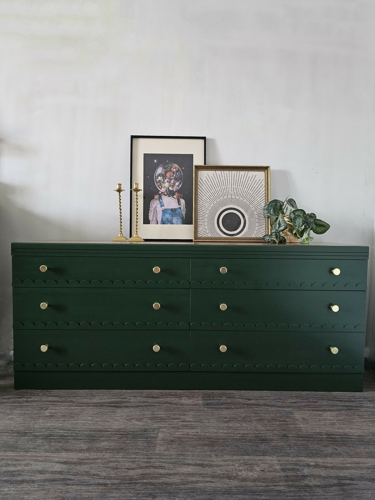 Large Vintage Dark Green Chest of Drawers with Scallops