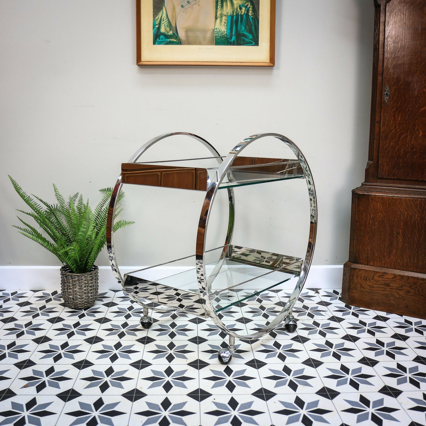 Art Deco Style Cocktail Drinks Savoy Trolley on Castors with Tempered Glass