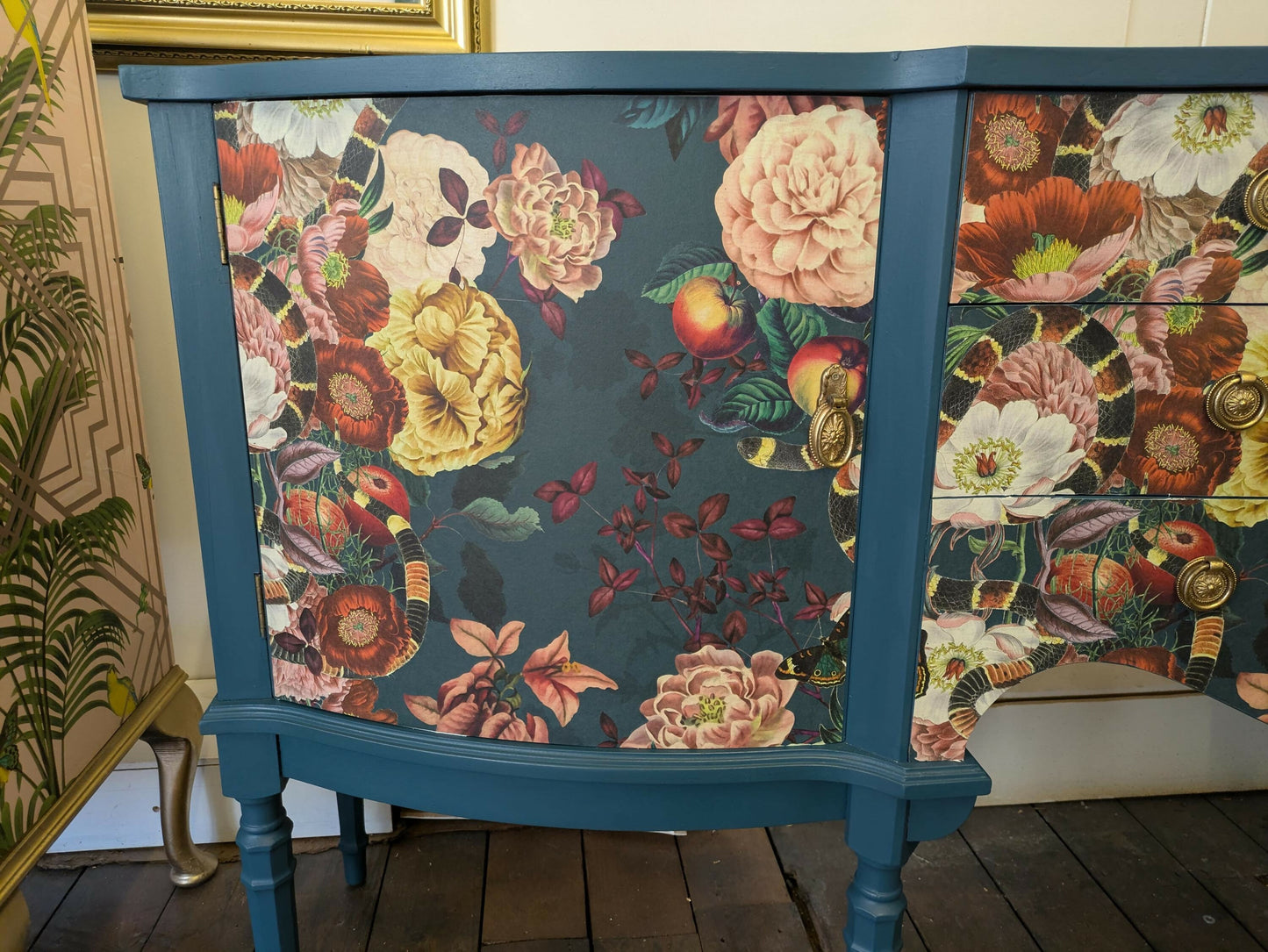 Strongbow Vintage Sideboard Dresser Painted Upcycled Dark Teal Floral Snake Print Commission Piece
