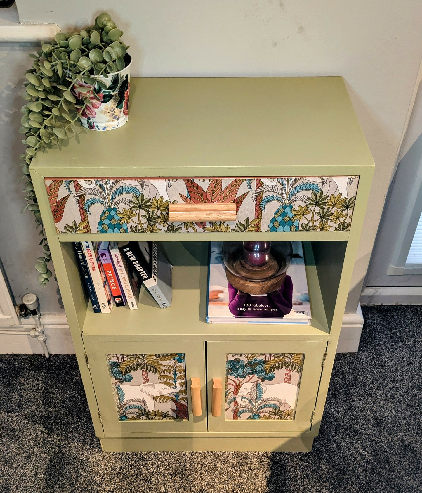 Botanical Boho Cabinet – Hand-Finished Storage with Tropical Wallpaper Panels