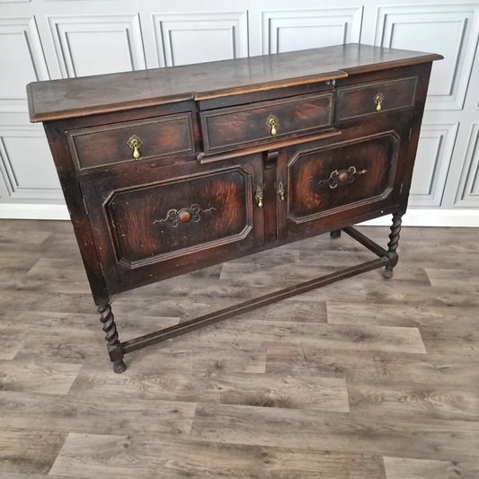 Antique Carved Court Cupboard Wood Barley Twist Oak Buffet Cabinet Sideboard