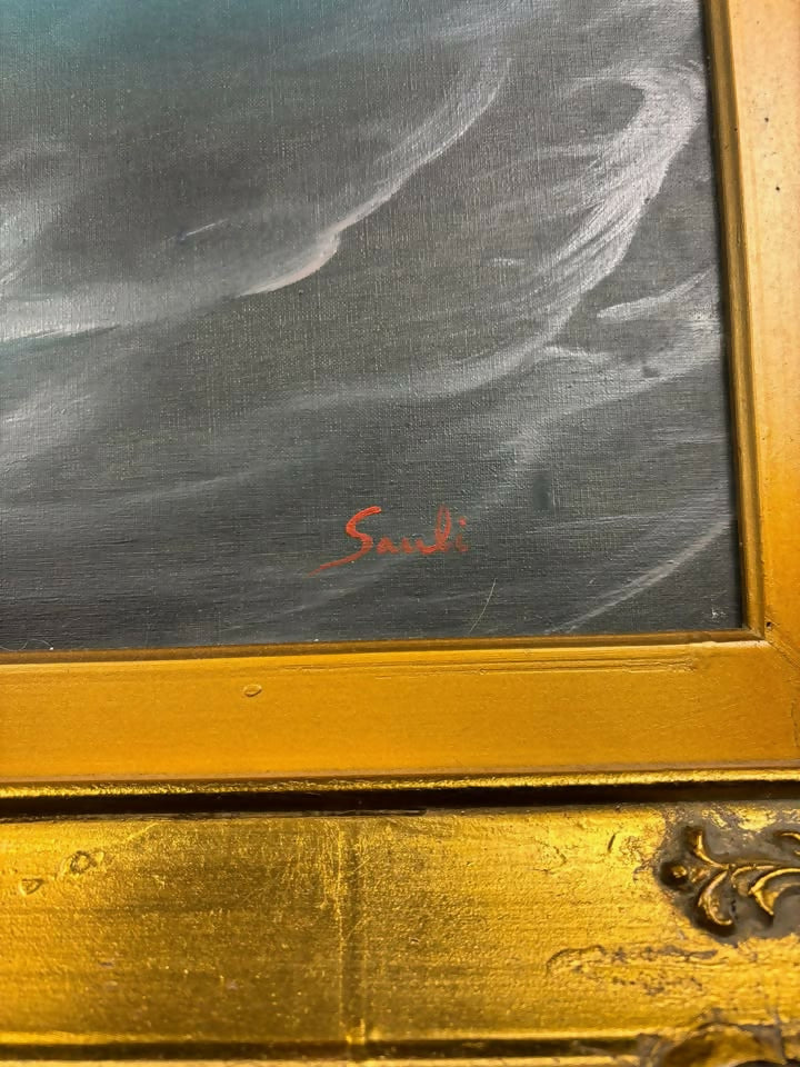 Oil on Canvas Seascape Painting – Signed “Sauli” – Ornate Gilt Frame