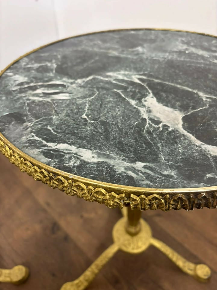 Pair of Circular Gilt Based Tripod Wine Tables with Faux Marble Tops