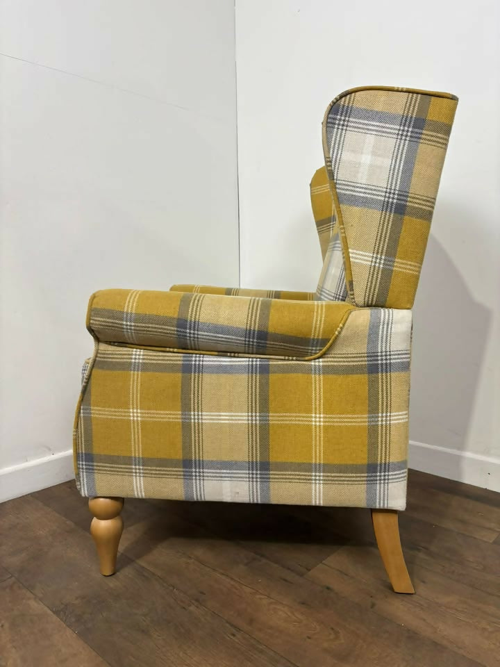 Modern Tartan Fireside Armchair – Upholstered Accent Chair in Mustard, Blue & White