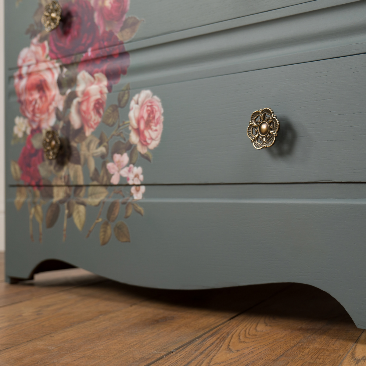 Floral Upcycled Chest of Drawers, Blue Grey Vintage Dresser, Painted Furniture