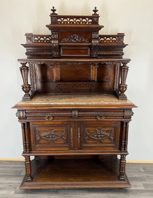 Sideboard Antique French Style Walnut Marble Display Cabinet Cupboard LOT 3576