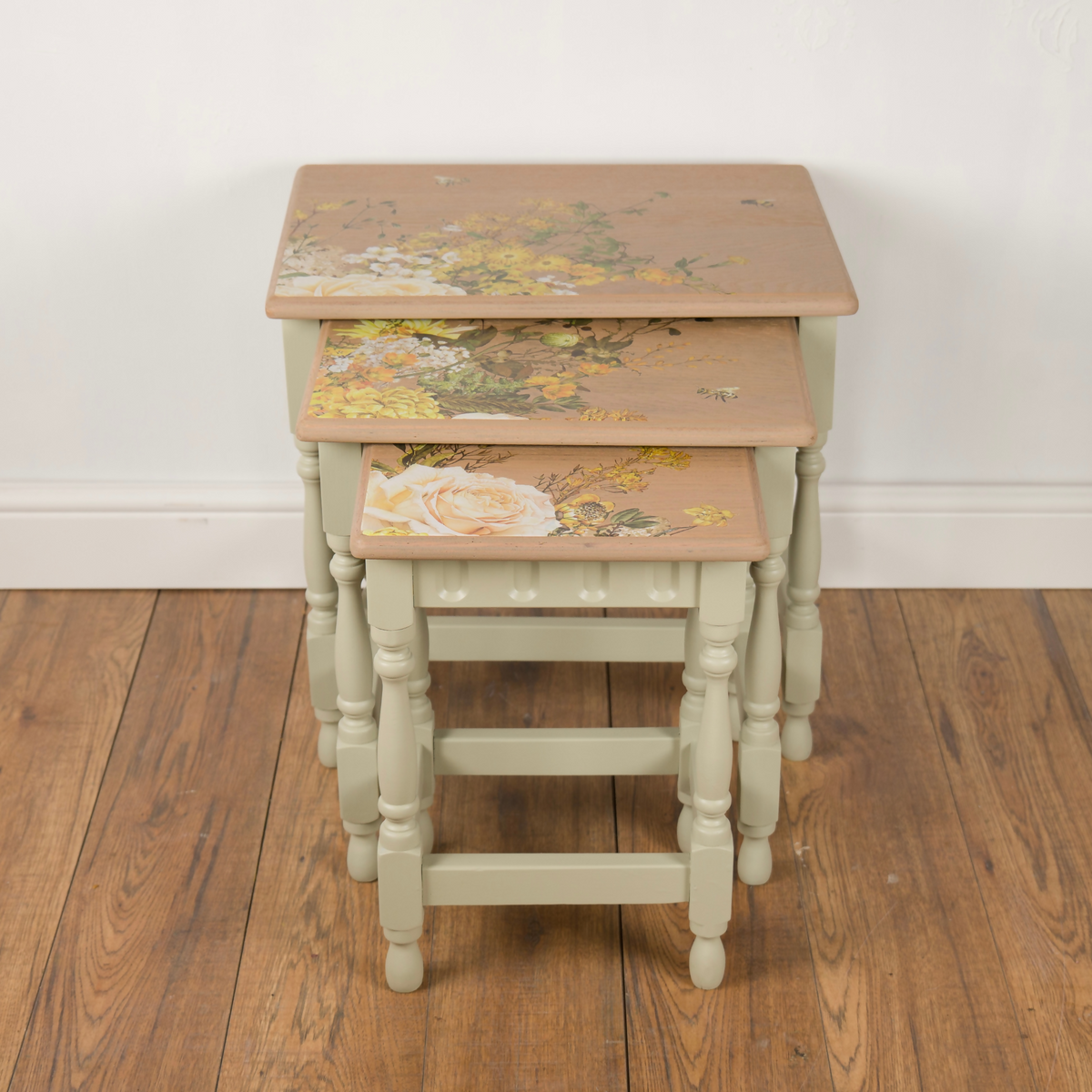 Vintage Oak Floral Nest of Three Tables | Hand Painted Upcycled Sage & Cream Nesting Tables