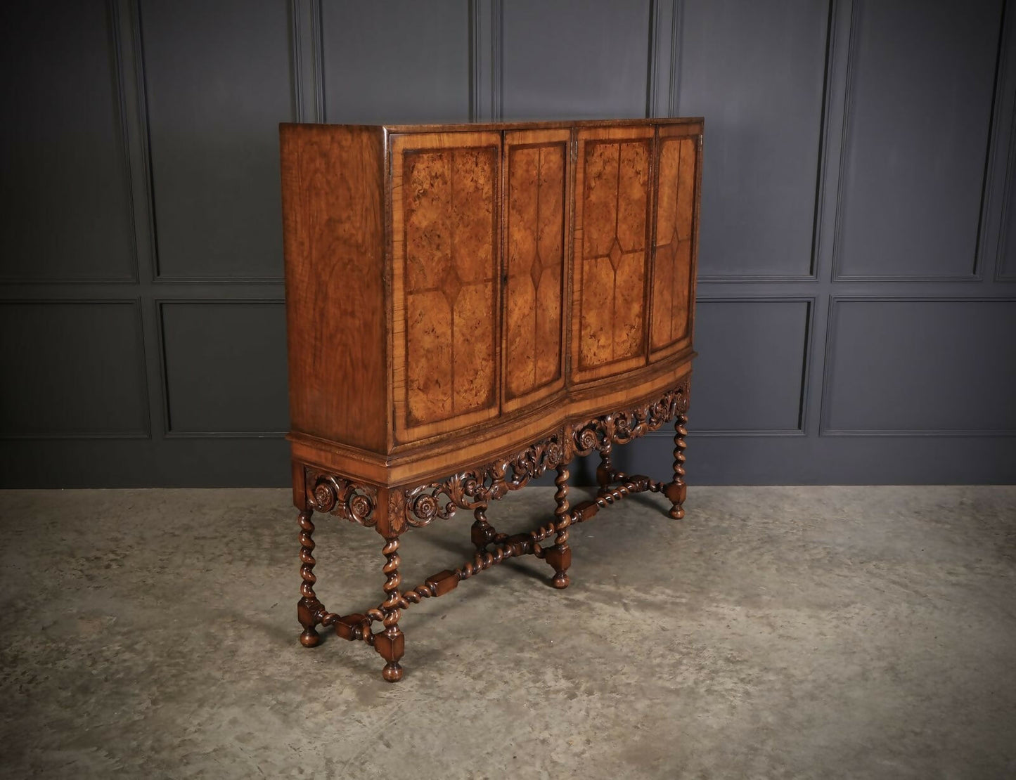 Double Bow Front Burr Walnut Drinks Cocktail Cabinet