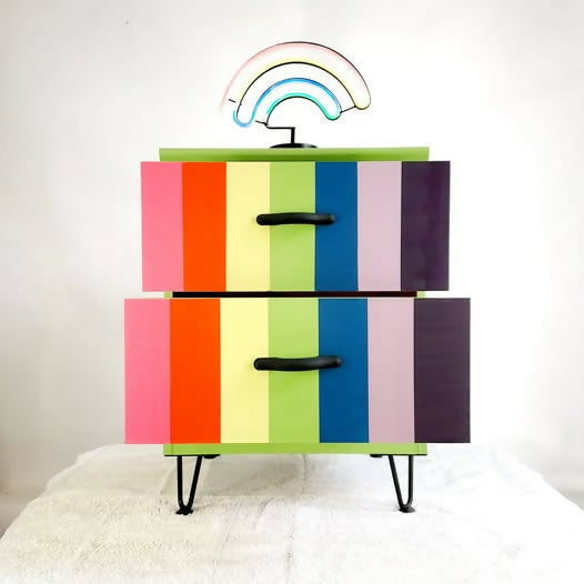 Multi Coloured Spectrum design two drawer chest with hairpin legs