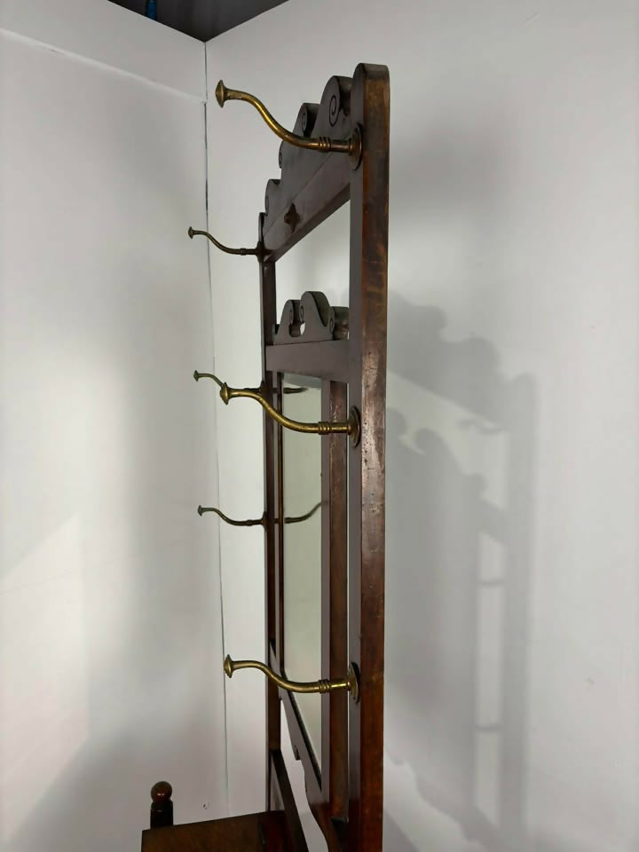 Vintage Oak Hall Coat Stand with Mirror & Storage