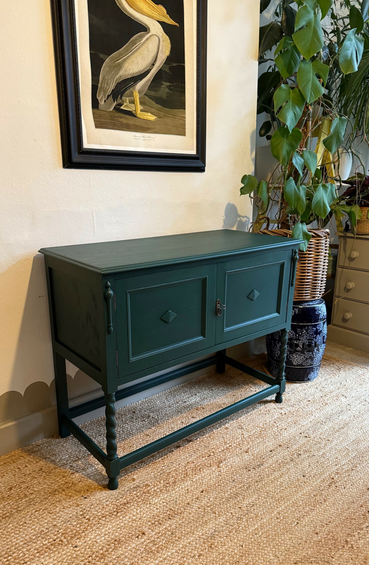 Newly refurbished Jacobean sideboard can sole table oak green antique