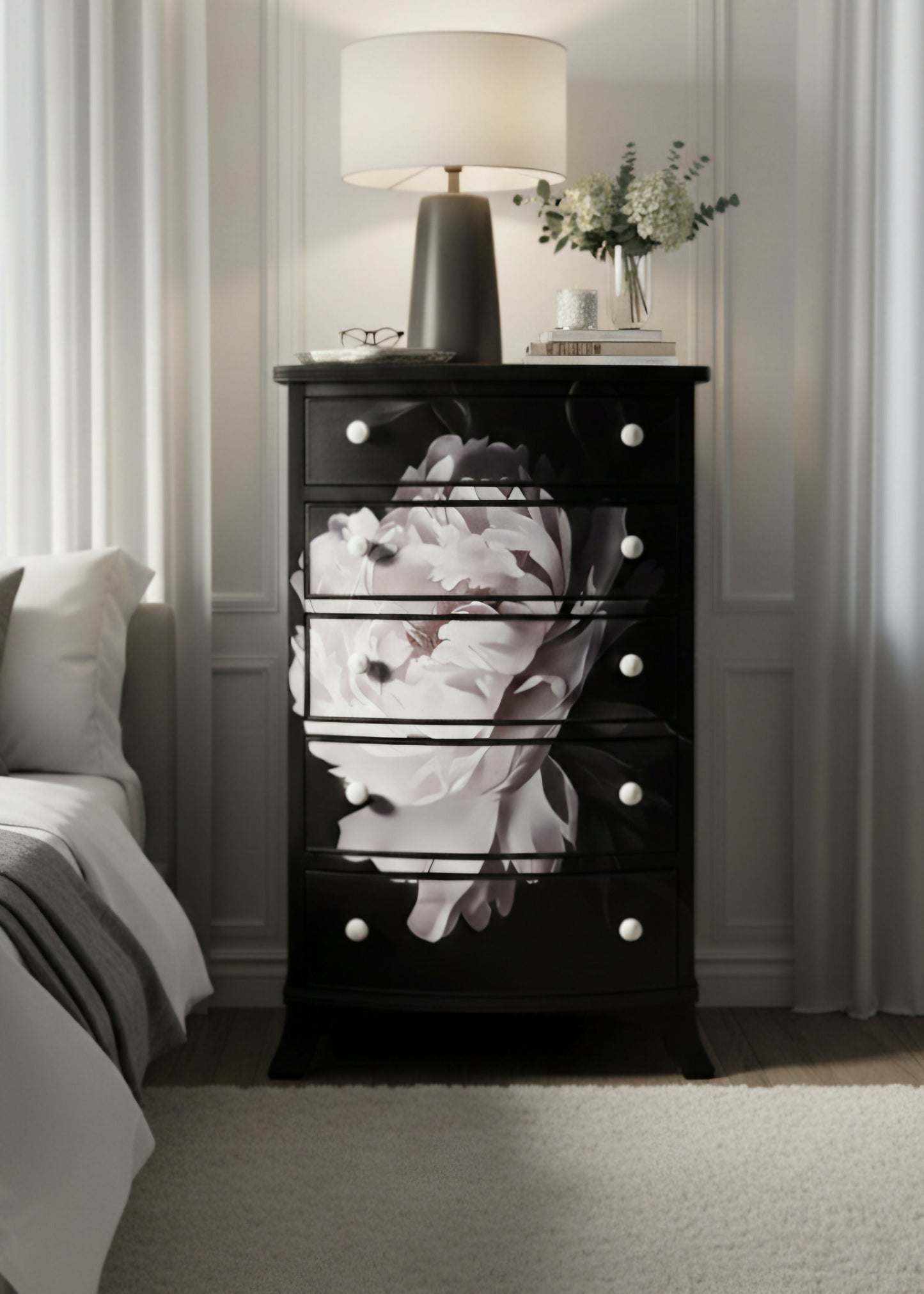 Opaline Bloom – Dark Luxe Bow-Front Vintage Chest of Drawers, Black Floral Decoupage, Gold & Pearl Handles