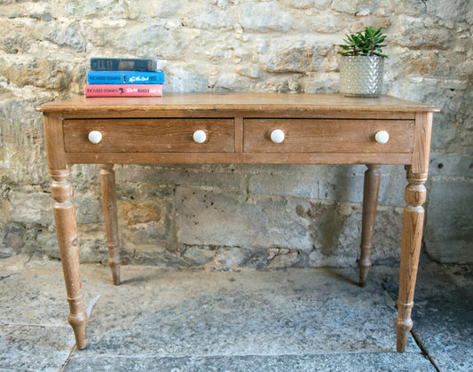 Antique Pine Console Table with Drawers & White Knobs