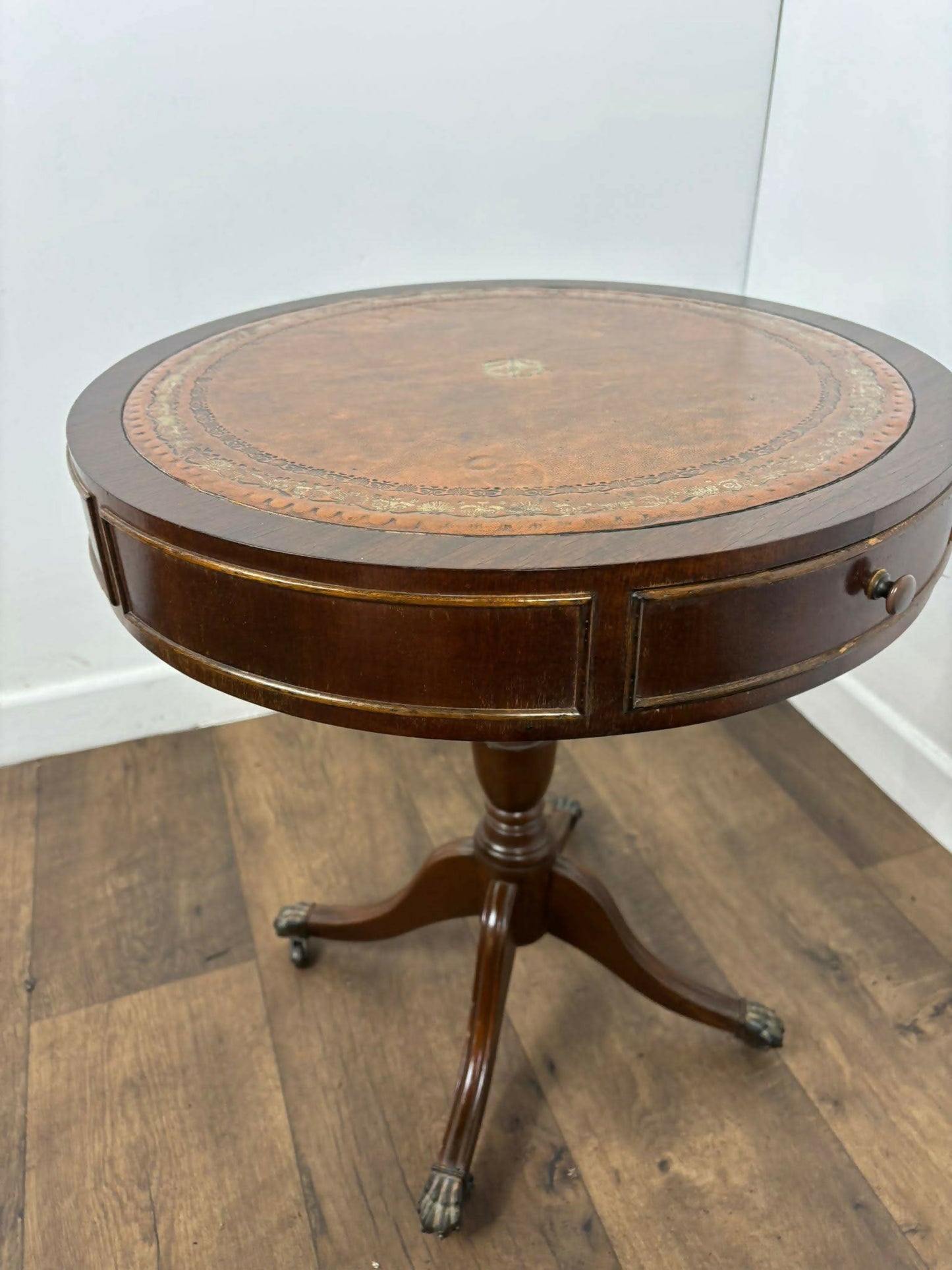 Vintage Reproduction Mahogany Drum Table with Leather Top