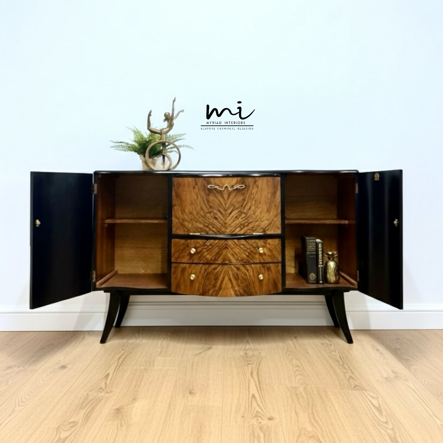 Refinished Art Deco Stonehill cocktail cabinet in black, hand painted, vintage drinks cabinet, gin bar, burr walnut, sideboard