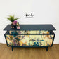 Refinished G Plan sideboard in deep blue with pretty floral and botanical, e Gomme, Tola, deep teal, maximalist, tv stand, cocktail cabinet