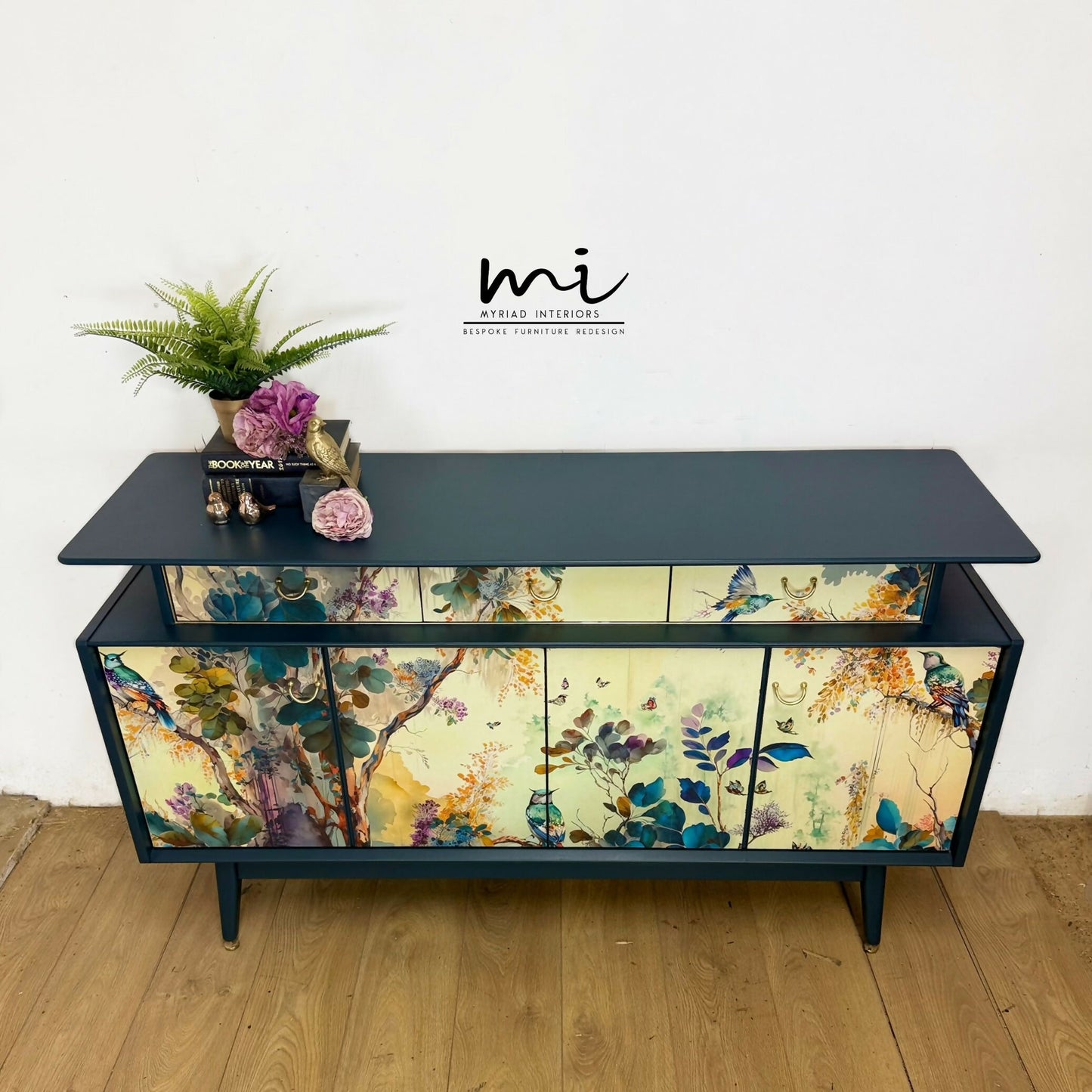 Refinished G Plan sideboard in deep blue with pretty floral and botanical, e Gomme, Tola, deep teal, maximalist, tv stand, cocktail cabinet